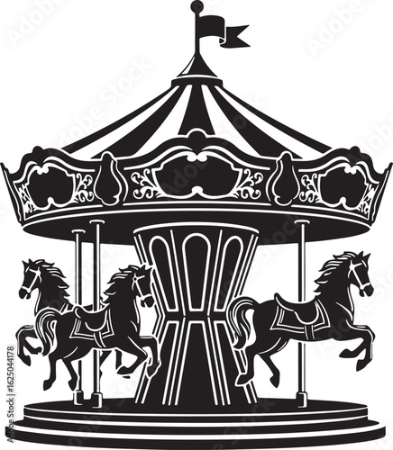 Black and white carousel with three horses merry go round, carousel, merry go round, horse, horses, carnival, amusement park, ride, vintage, classic, black and white, silhouette, illustration, graphic