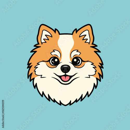 Dog Cartoon Illustration of Pomeranian Fluffy Face on Blue Background