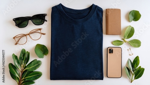 Navy t-shirt, accessories, and foliage on white background