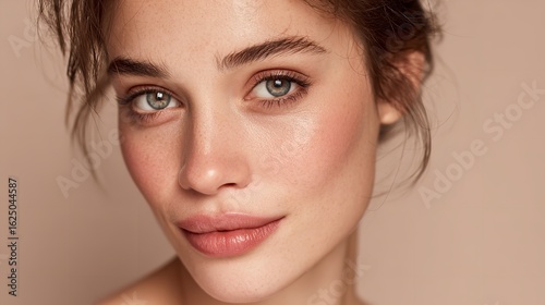 Striking close-up of a beautiful young woman showcasing flawless skin and captivating green eyes