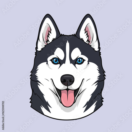 Dog Cartoon Illustration of Husky with Ice Blue Eyes on Lilac Background