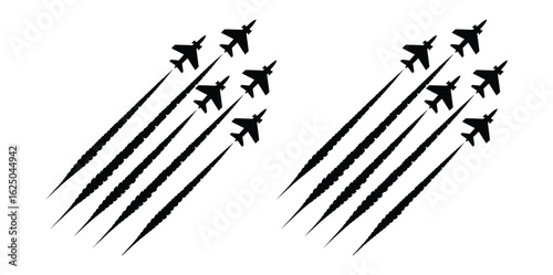 Dynamic jet formation flies in perfect formation leaving smoke trails against a clean white background
