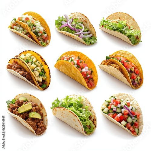 Set of tacos mexican food with different toppings, isolated on white background