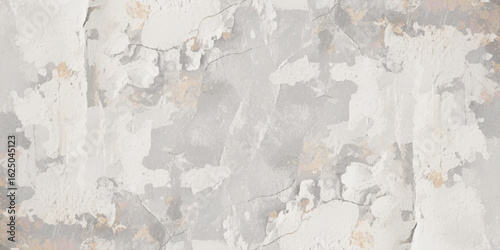 Abstract textured wall with a weathered appearance. The surface is covered with peeling and cracked paint, revealing multiple layers of gray, white, and beige tones underneath.