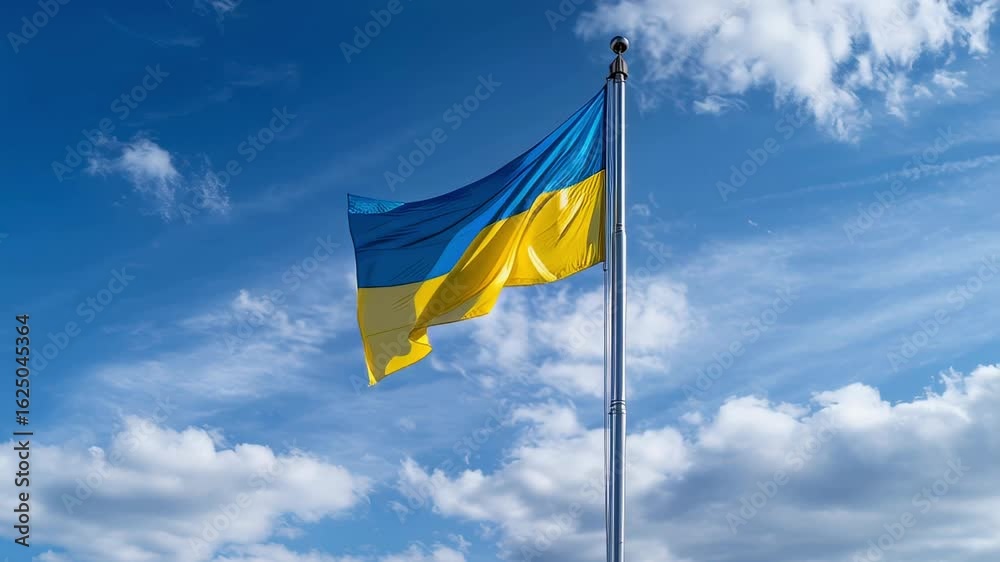 Patriotic Ukraine flag waving proudly against a bright blue sky with fluffy white clouds Patriotic Ukraine flag waving proudly against a bright blue sky with fluffy white clouds