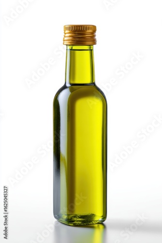 Close-up of a premium, unbranded bottle of olive oil, studio shot on a pristine white background. Gourmet food, cooking.