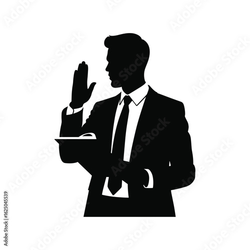 Silhouette of a businessman taking an oath with his hand raised
