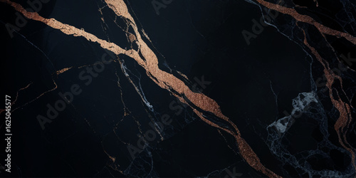 Luxurious marble texture with a predominantly black background and flowing patterns with golden veins running through it, creating a striking contrast.