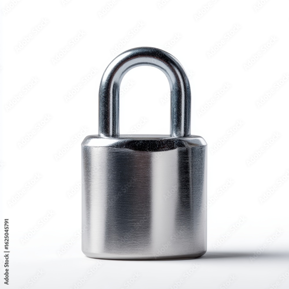 Fototapeta premium A silver padlock, closed, isolated on a pure white background. Security, protection.