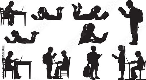Children reading and using laptops in various poses, silhouette, children, reading, books, laptops, studying, learning, education, school, students, boys, girls, sitting, lying down, standing, desk, c