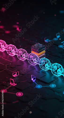 Glowing chain with ring reflecting neon pink and blue light