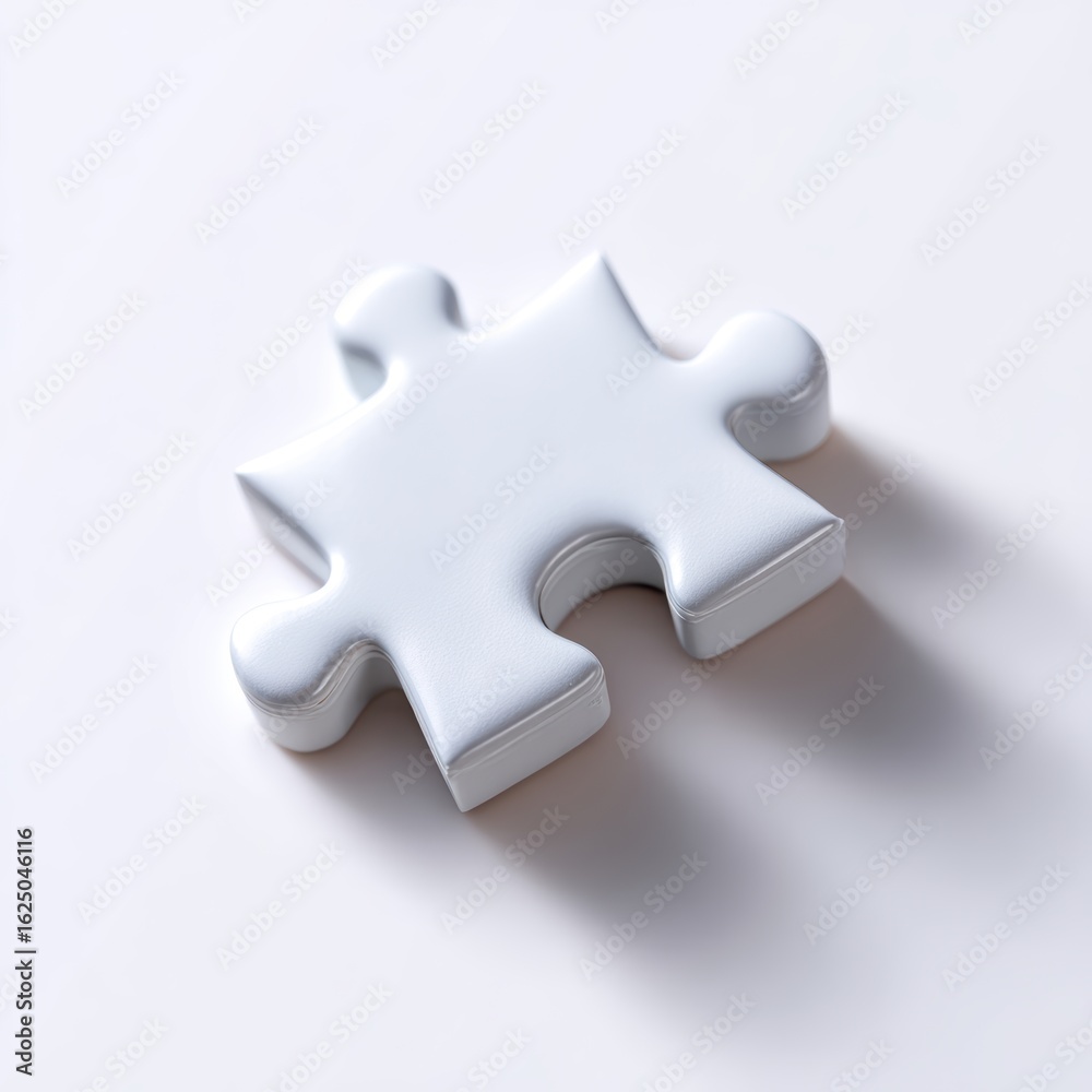 Fototapeta premium A single, white abstract puzzle piece, with a missing part, isolated on a pure white background. Incomplete, challenge.