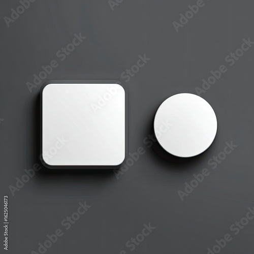 Two shapes, square and circle, on a dark gray background.  A plain white square and circle, both with a subtle dark gray shadow, are positioned apart on a flat dark gray surface