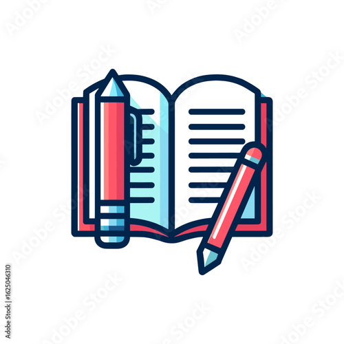 Open book with colorful pens on a clean surface, illustrating study and creativity