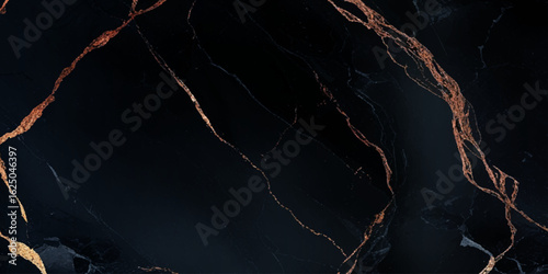 Luxurious marble texture with a predominantly black background and flowing patterns with golden veins running through it, creating a striking contrast.