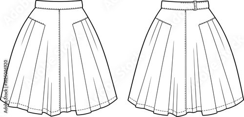Cad drawing flat vector illustration, pleated skirt design, high waist, angled seam pockets, belt buckle detail, fashion sketch, garment template**
