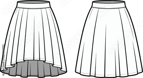 Cad drawing flat vector illustration, pleated skirt design, high-low hemline, even hemline, waistband detail, fashion sketch, garment template**