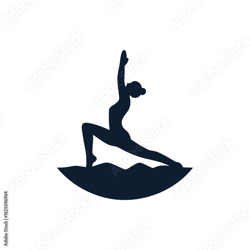 Silhouette of a woman practicing yoga in a serene landscape with mountains in the background