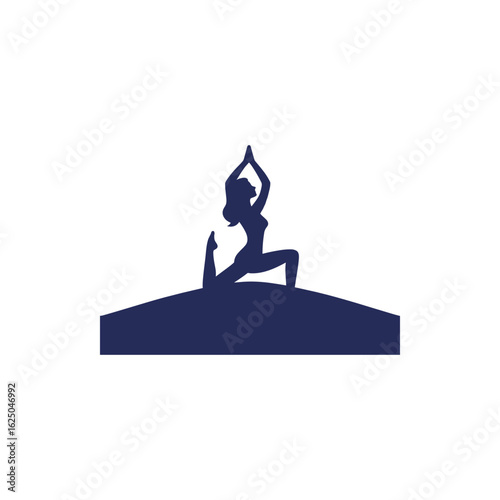 Silhouette of a woman practicing yoga on a hilltop at sunset, embodying tranquility and focus