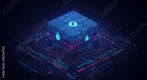 Abstract geometric digital art with glowing blue and purple elements on a dark background