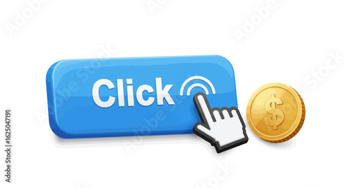 Click to Earn: Digital Button Cursor and Golden Dollar Coin Illustration.