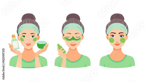 Woman skincare routine beauty treatment facial mask spa day wellness green theme