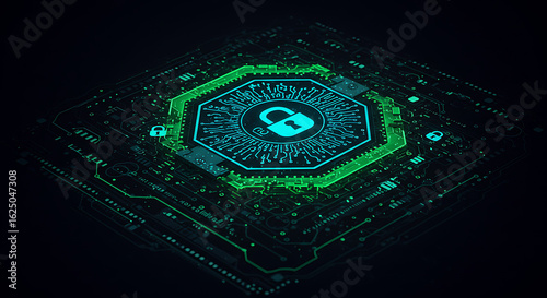 Digital padlock glowing with green and blue light on a dark circuit board background