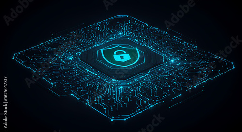 Digital shield with padlock symbol representing cybersecurity and data protection
