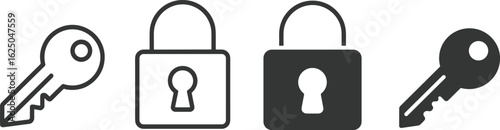 Security icon set, key and padlock symbols, outline and filled styles, access control concept, vector illustration, minimal design, editable graphic elements