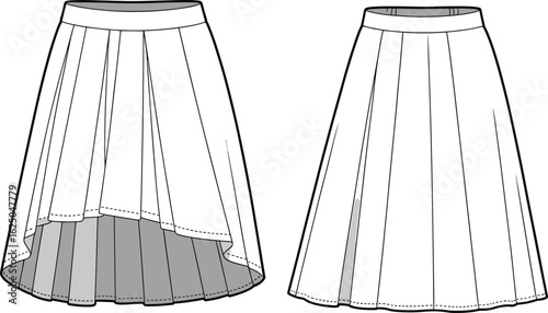 Cad drawing flat vector illustration, pleated skirt design, high-low hemline, regular hemline, waistband detail, fashion sketch, garment template**