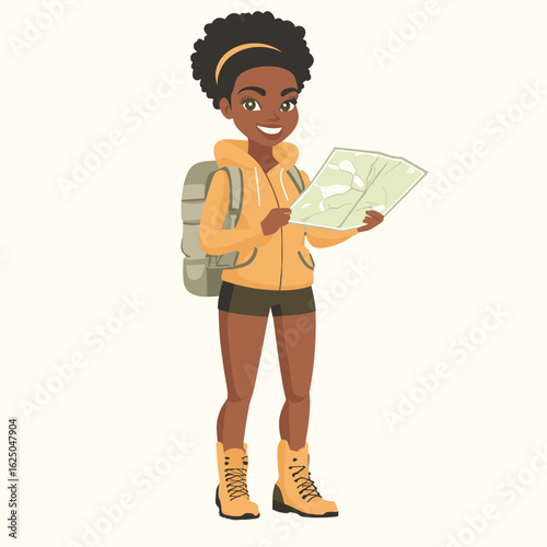 African woman trekker with afro bun, wearing thermal hoodie and hiking boots, holding map vector