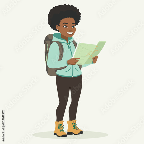 African woman trekker with afro bun, wearing thermal hoodie and hiking boots, holding map vector