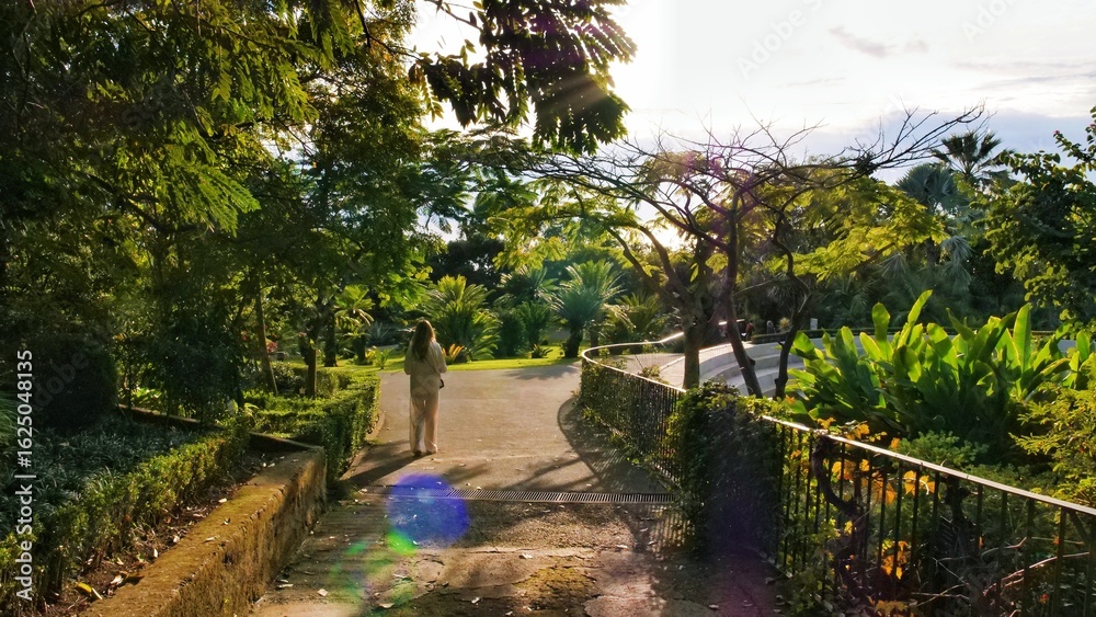Peaceful garden with curving paved path, lush greenery, large tree casting shade, and person sitting on bench, tranquil botanical atmosphere with filtered sunlight and natural textures. Peaceful garden with curving paved path, lush greenery, large tree casting shade, and person sitting on bench, tranquil botanical atmosphere with filtered sunlight and natural textures.