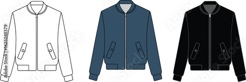 Zip-up jacket design, front zipper, flap pockets, ribbed cuffs, waistband, dark blue, black, outline version, vector fashion mockup, casual outerwear