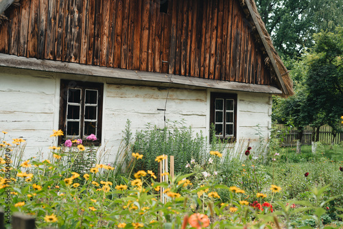 Rural cottage at the village, very old wooden house in Poland. Wooden cottage, summer time, Poland