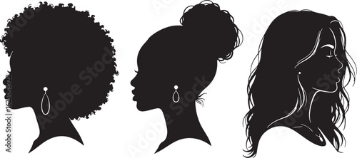 Three black female silhouettes with different hairstyles and earrings, silhouette, female, woman, head, profile, black and white, afro, curly hair, bun, long hair, earrings, jewelry, fashion, beauty, 