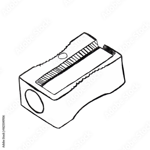 There is a sketch of a sharpener on a white square page, with a blade attached to it so that it can sharpen pencils.