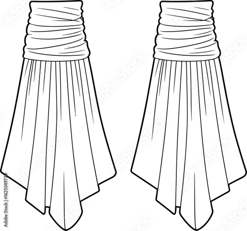 Cad drawing flat vector illustration, ruched waistband skirt, asymmetrical hemline, fashion sketch, garment template, flowy design, apparel flat sketch**