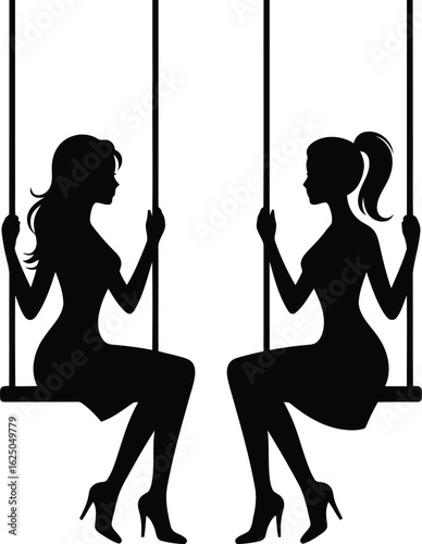 Two women sitting on swings wearing high heels silhouettes