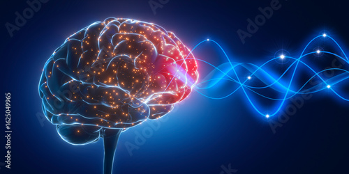 Medical illustration of human brain with with waves and electric pulses on dark blue background - 3D illustration