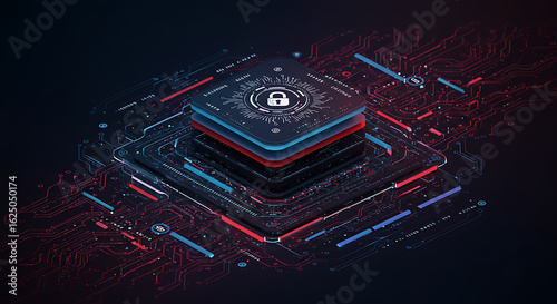 Abstract futuristic digital geometric pattern with glowing lines and lock symbol