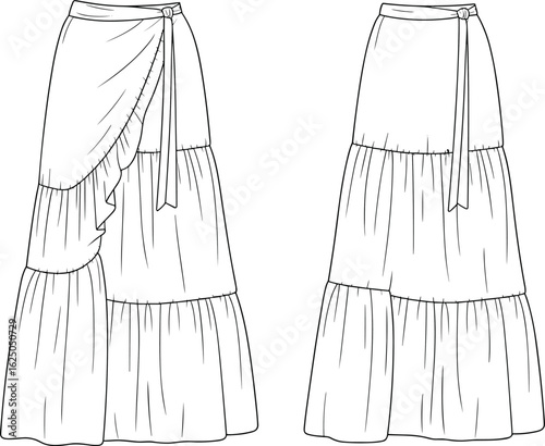 Cad drawing flat vector illustration, tiered long skirt, wrap-around style, waist tie, ruffled edge, fabric folds, fashion sketch, apparel template**
