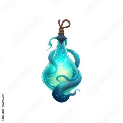 Enchanting Glowing Teal Potion Bottle Pendant with Vines - Fantasy Game Asset