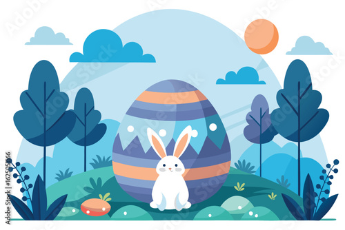 Easter bunny sitting in front of a decorated egg in a spring landscape