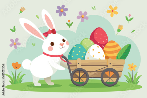A cute easter bunny is pulling a cart full of colorful easter eggs