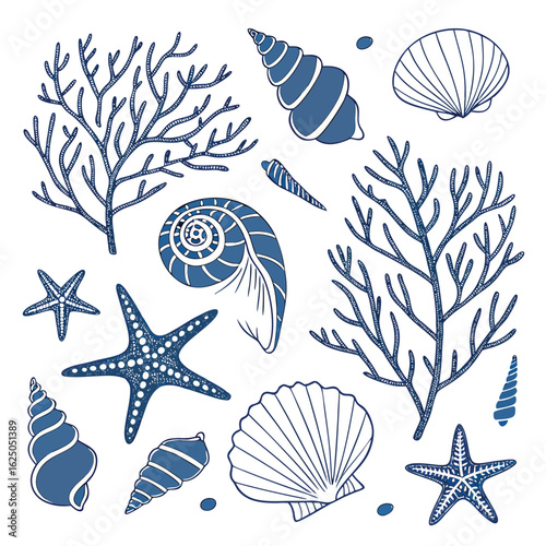 Blue marine life and seashells collection ocean conch