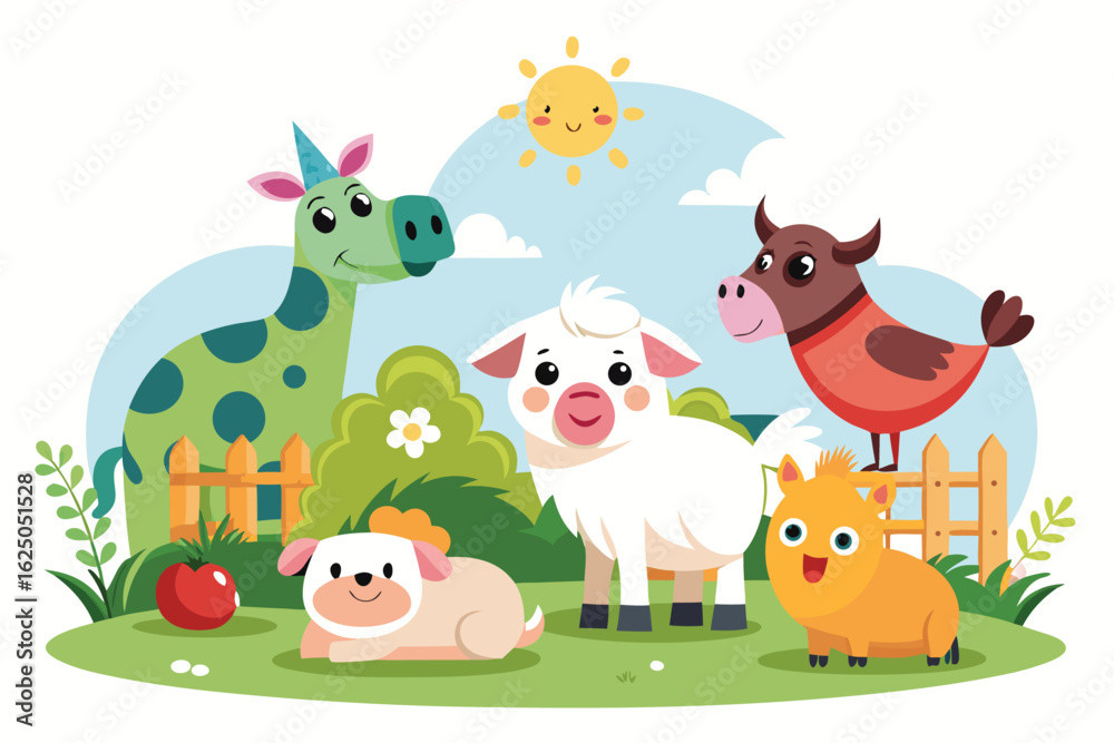 Naklejka premium Cheerful Farm Animals in a Sunny Meadow cute cartoon