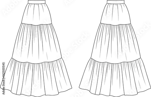 Cad drawing flat vector illustration, tiered skirt design, pleated silhouette, waistband detail, fashion sketch, garment template, apparel flat, sewing vector
