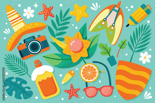 Colorful summer vacation flat lay collection beach