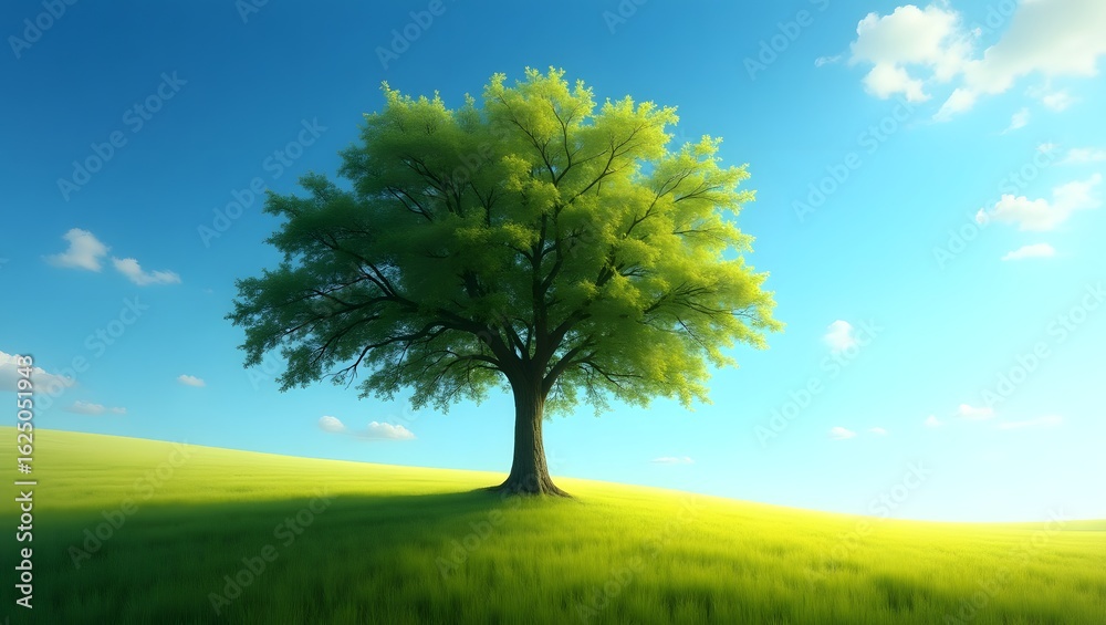 Fototapeta premium Serene Spring Landscape: Lush Green Field, Single Deciduous Tree, Sunny Sky